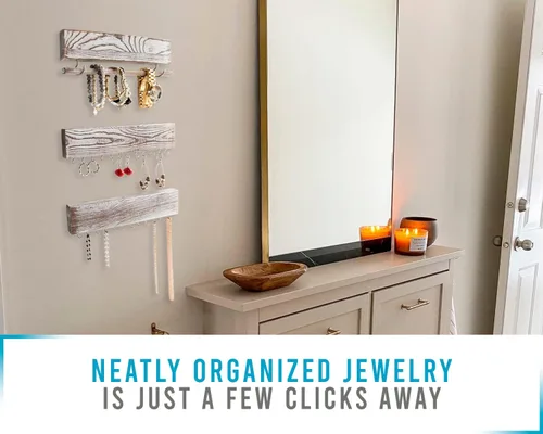 Vista 7 de Organizador rústico de exhibición de joyas para pared, organizador de joyas montado en la pared con barra de pulsera extraíble y 24 ganchos, soporte