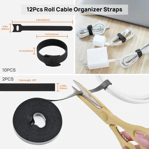 Vista 6 de Kit de organización de cables, 4 fundas para cables, 28 clips autoadhesivos, 29 soportes para cables, 10+2 rollos de correas organizadoras de cables