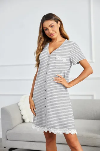 Vista 2 de Ekouaer Camisones a rayas con botones para mujer, camisones de manga corta