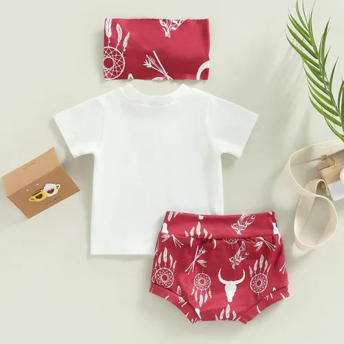 Vista 7 de Mandizy Ropa para bebé recién nacida, ropa de verano con estampado de vaquera occidental, camiseta de manga corta, pantalones cortos con diadema, 3