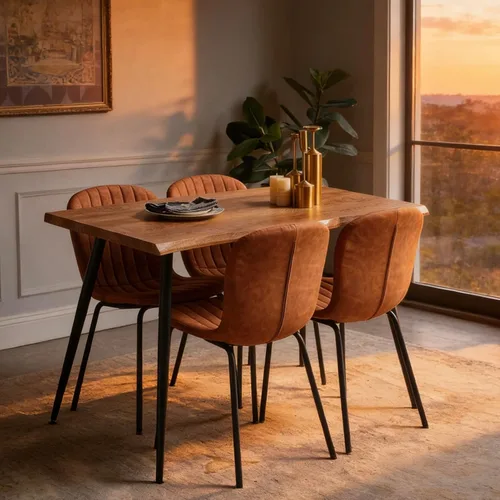 Vista 5 de Juego de mesa de comedor para 4, moderno juego de mesa de cocina de 5 piezas, mesa de comedor rectangular de 47 pulgadas y sillas vintage de piel