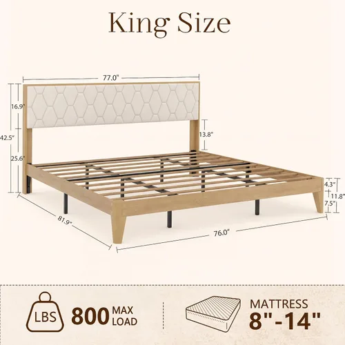Vista 2 de Brafab Base de cama tamaño King, marco de cama de madera con cabecera de terciopelo copetudo de diamante, plataforma de madera con cabecera