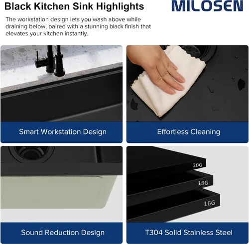 Vista 7 de MILOSEN Fregadero de cocina bajo encimera, fregadero de estación de trabajo de acero inoxidable negro metálico de 30×18 pulgadas, fregaderos