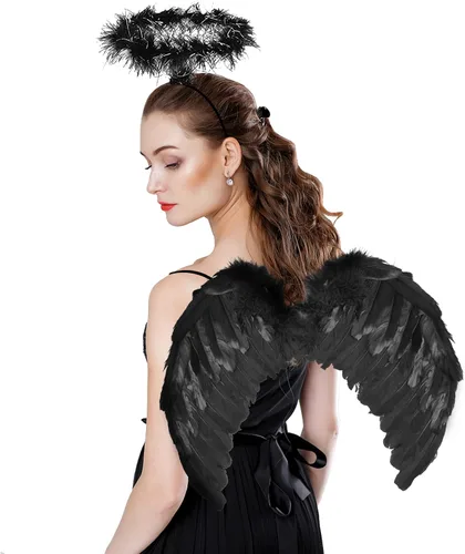 Vista 5 de EPN Diadema de alas de ángel y halo para niñas disfraces de Halloween disfraz de plumas fiesta de cosplay elegante para niñas y mujeres color negro