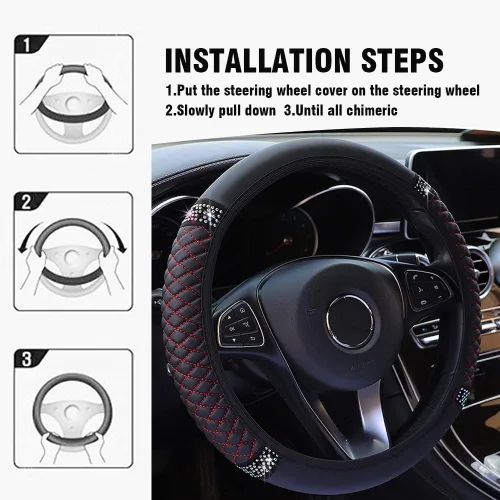 Vista 3 de Funda de cuero con diamantes para volante, de cuero suave y brillante para mujeres y niñas, universal de 15 pulgadas, transpirable, antideslizante