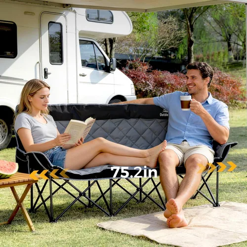Vista 2 de Silla de campamento acolchada para 3 personas, sofá de campamento de gran tamaño, silla de campamento doble plegable resistente, sofá de dos plazas