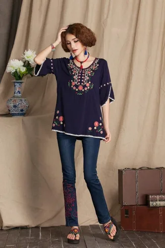 Vista 6 de Ashir Aley Blusa mexicana estilo bohemio bordada para mujer