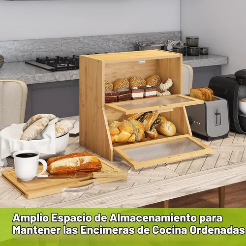 Vista 3 de BMOSU Panera grande de doble capa con tabla de cortar para encimera de cocina, panera con ventana de vidrio esmerilado de bambú (natural)
