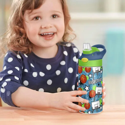 Vista 7 de Stars Basketball - Botella de agua aislada para niños y niñas con tapa de pajilla, vaso de acero inoxidable de 12 onzas, a prueba de fugas, sin BPA