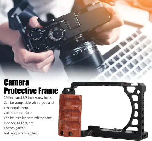 Vista 2 de Jaula de cámara de aleación de aluminio con mango de madera, interfaz de zapata fría, marco protector para Sony A6400 A6300 A6100 A6000 - Diseño