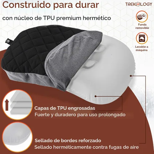 Vista 3 de TREKOLOGY Almohada de viaje ligera – Almohada inflable compacta de camping para mochileros, viajes, avión o hamaca – Soporte de cuello y lumbar