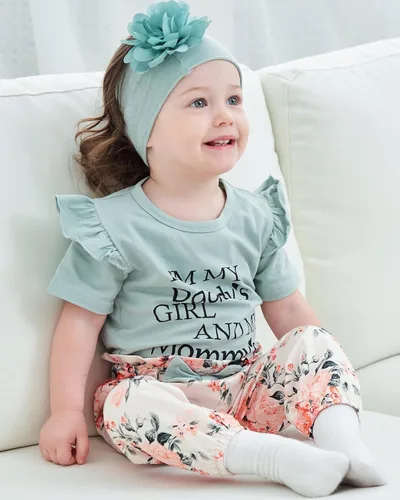 Vista 3 de SUNNY PIGGY Ropa para bebé recién nacida, con volantes, mameluco de algodón floral, conjunto de pantalones de algodón para niñas