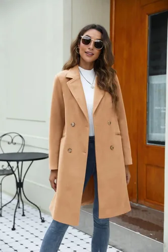 Vista 4 de Yousify Womens Notched Lapel Collar Double Breasted Pea Coat Winter Wool Blend Over Coats Long Jackets