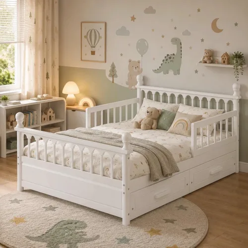 Vista 11 de SOFTSEA Twin Size Kids Bed Frame with Storage Drawers, Wood Platform Bed with Storage Headboard and Charging Station, No Box Spring Needed, Cream