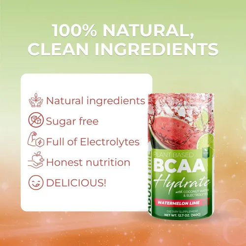 Vista 5 de About Time BCAA - Polvo de hidratación con L-glutamina y electrolitos, sin OMG, sin gluten, fruta de monje, agua de coco, 20 porciones