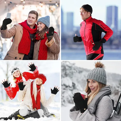 Vista 22 de THINP Guantes sin dedos para mujeres y hombres, guantes de invierno, guantes de lana cálida de punto sin dedos con tapa, guantes convertibles