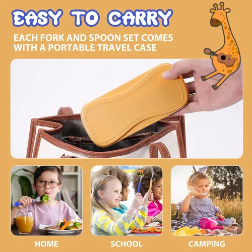 Vista 6 de lohodo Juego de cubiertos de acero inoxidable 18/8 sin BPA, color azul y amarillo, con funda de viaje para niños de 3 años en adelante