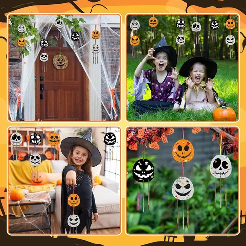 Vista 6 de Fennoral Paquete de 9 carillones de viento de Halloween para niños, hazte dueño de campanillas de viento de Halloween, adornos colgantes de madera