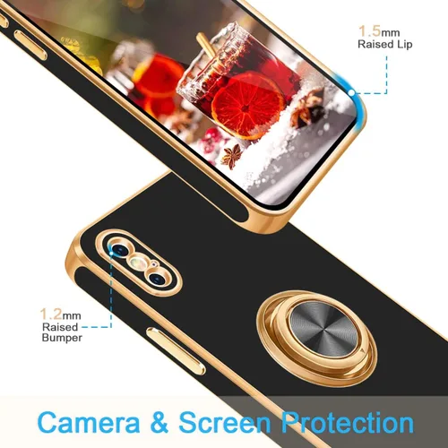 Vista 2 de Fingic Funda para iPhone X, iPhone Xs con soporte de anillo, soporte magnético giratorio de 360°, chapado en oro, borde dorado, delgada, suave, TPU