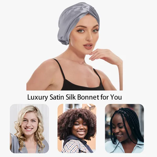 Vista 3 de Gorro de satén de seda ajustable para envolver el cabello para dormir, gorro de dormir de doble capa, turbante nocturno para cabello largo y rizado