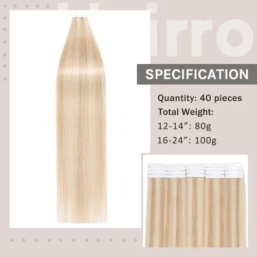 Vista 5 de Extensión de cabello humano Remy con cinta, 3.53 onzas (100 gramos), extensiones de cabello humano liso, trama sin costuras