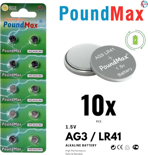 Vista 3 de PoundMax AG3 LR41 Baterías 1.5v Batería alcalina de botón - 10