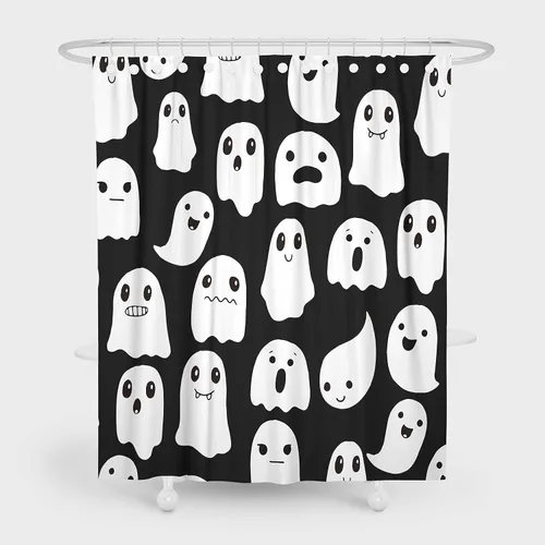 Vista 9 de Cortina de ducha fantasma de Halloween de 72 x 72 pulgadas, espeluznante y divertida, iconos de fantasmas de dibujos animados, tela blanca y negra, 1