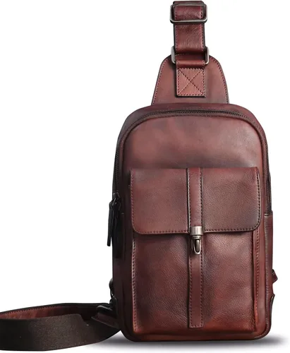 Vista 2 de IVTG Bolso bandolera de cuero genuino para hombres y mujeres vintage de piel de vaca real mochila bandolera bolsa de pecho, Café, Mochilas Sling