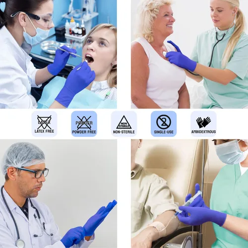 Vista 2 de Safe Health Nitrile Exam Gloves – 4 mil, Latex-Free, Powder-Free, Disposable, Blue, Medical Grade, Food, Cleaning Use