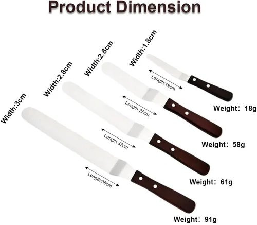 Vista 2 de Juego de 4 espátulas profesionales de acero inoxidable para decoración de tartas, hoja flexible resistente con mango de madera de 4 a 6 a 8 pulgadas