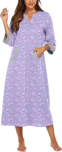 Vista 3 de Ekouaer - Bata de descanso con cremallera para mujer, bata de baño larga con manga 34, longitud completa y con bolsillos