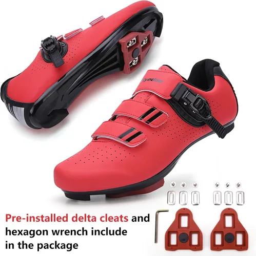 Vista 2 de Zapatos de ciclismo para hombre y mujer, compatibles con Pelaton, zapatos de bicicleta de carretera, preinstalados con clip de tacos Delta, pedal