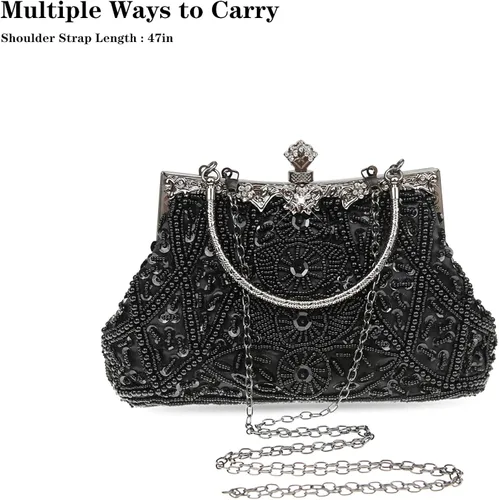 Vista 5 de DA BODAN Bolso de noche para mujer, estilo vintage, con cuentas y lentejuelas y perlas, bolso de hombro para boda, novia, fiesta de graduación