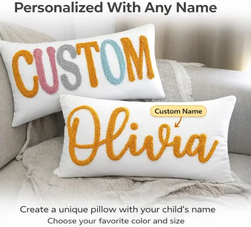 Vista 4 de mia'spillow lab Almohada personalizada con nombre para la habitación de los niños, almohada bordada con aguja perforadora, almohada de algodón hecha