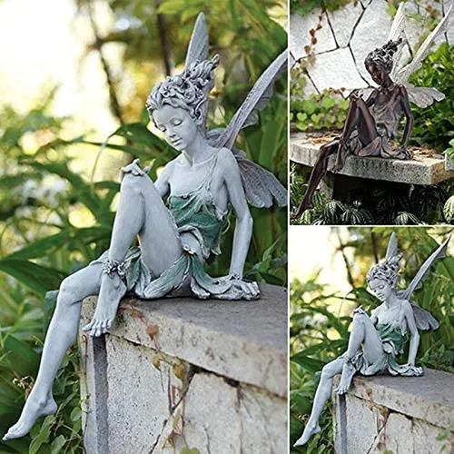 Vista 4 de Figura de resina de jardín, estatua de ángel, esculturas de jardín, estatua de flores, estatua de jardín, decoración al aire libre, exquisita