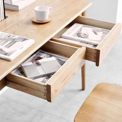Vista 7 de Escritorio de escritura para oficina en casa, mesa de trabajo de madera maciza con 2 cajones para espacios pequeños