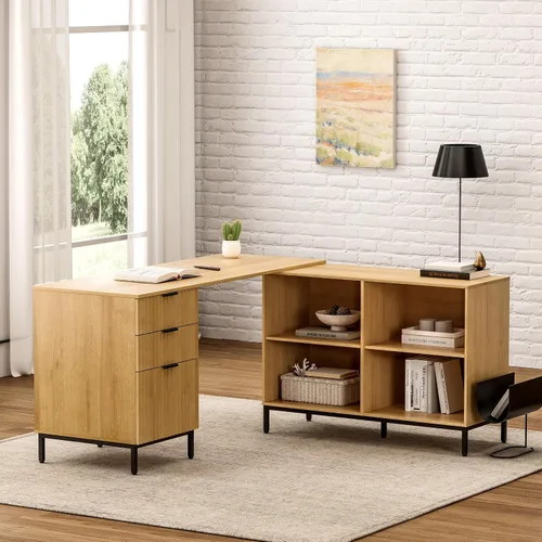 Vista 8 de Escritorio ejecutivo de 47 pulgadas con cajón de archivos, escritorio de computadora de granja con estación de carga y compartimento