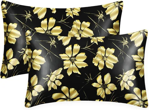 Vista 27 de EXQ Home - Funda de almohada de satén para cuidar el cabello y la piel, tamaño estándar, de seda con estampado negro, juego de 2 fundas con cierre