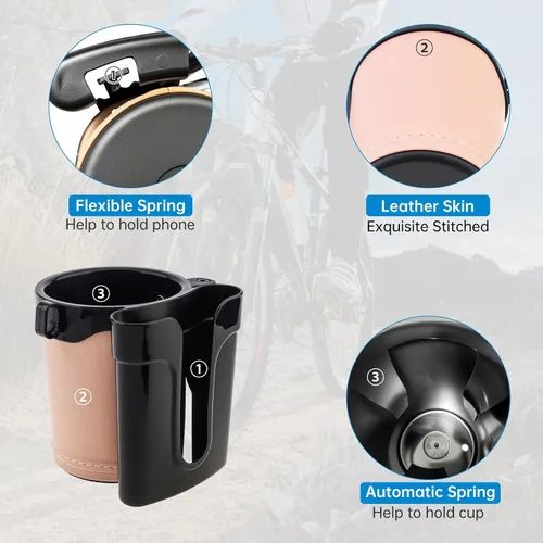 Vista 3 de Portavasos para bicicleta 3 en 1 con gancho para llaves de teléfono celular, soporte universal para botella de agua para caminante/silla de Beige