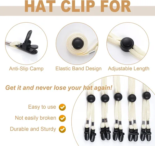 Vista 4 de Sucrain 5 clips ajustables para sombrero, cordón de barbilla para golf, pesca, navegación