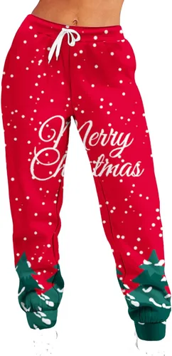 Vista 4 de Trajes navideños dos piezas para mujer, camisa estampada de Navidad, manga larga, pantalones con cordón, chándal para correr