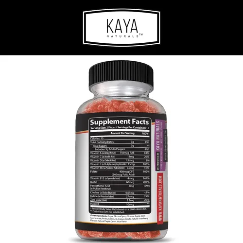 Vista 2 de Kaya Naturals Gomitas multivitamínicas para adultos, biotina, vitamina A, B-12, C y E, incluyendo zinc, ácido fólico, sabor a fresa - Multivitaminas