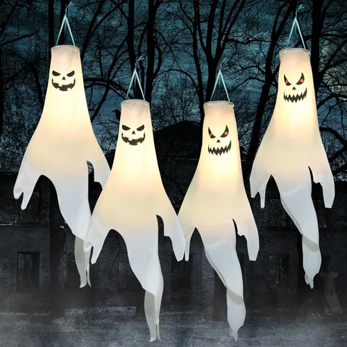 Vista 8 de Decoraciones de Halloween, para colgar al aire libre, calcetines de viento fantasma para árboles con temporizador, fantasmas LED para colgar