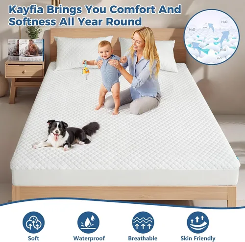 Vista 10 de Kayfia Protector de colchón impermeable, tamaño individual, suave, transpirable, tela de aire 3D, protector de colchón silencioso con bolsillo