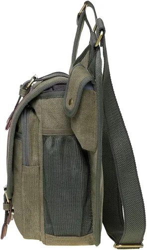Vista 5 de Bolso de mensajero de lona vintage para hombre, bolso de mensajero de retazos de cuero en el pecho