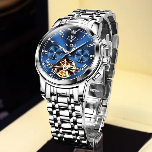 Vista 4 de OLEVS Relojes mecánicos automáticos para hombre, cuerda automática, impermeable, de acero inoxidable, reloj de pulsera de lujo costoso, pulsera