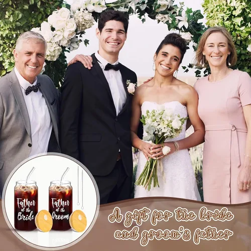 Vista 7 de 2 juegos de tazas de vidrio para madre del novio con tapas y pajitas, tazas de café helado de 16 onzas, regalos de boda para novia y novio (padre)