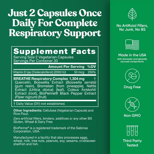 Vista 7 de Breathe Descongestionante de los senos y los pulmones, fuerza de acción efectiva, protección estacional, congestión nasal, bienestar bronquial