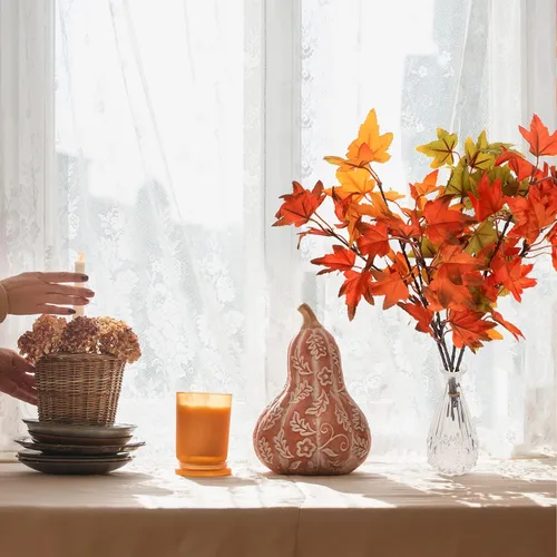 Vista 4 de SATINIOR 16 piezas de hojas de arce artificiales de otoño, ramas, decoraciones de Acción de Gracias para el hogar, hojas de otoño, tallos de arce