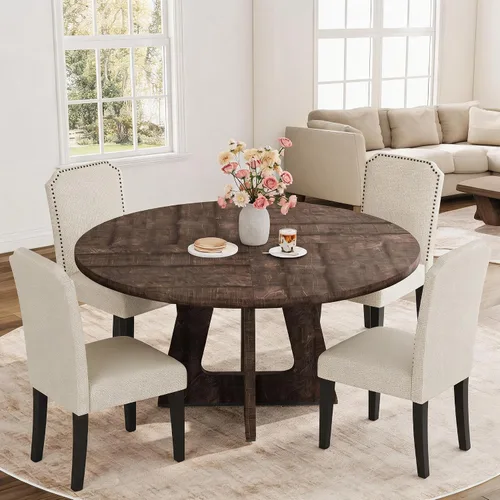 Vista 8 de IDEALHOUSE Juego de mesa de comedor redonda de 47 pulgadas para 4 a 6, mesa de cocina de granja con parte superior de madera y base de pedestal